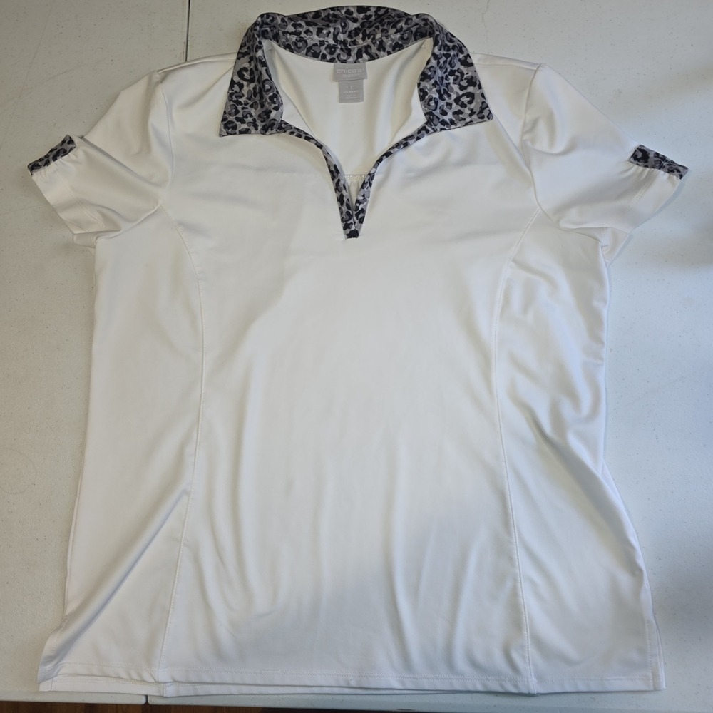 Chico's Zenergy Animal Print Trim Short Sleeve Polo Shirt Size 1 Large